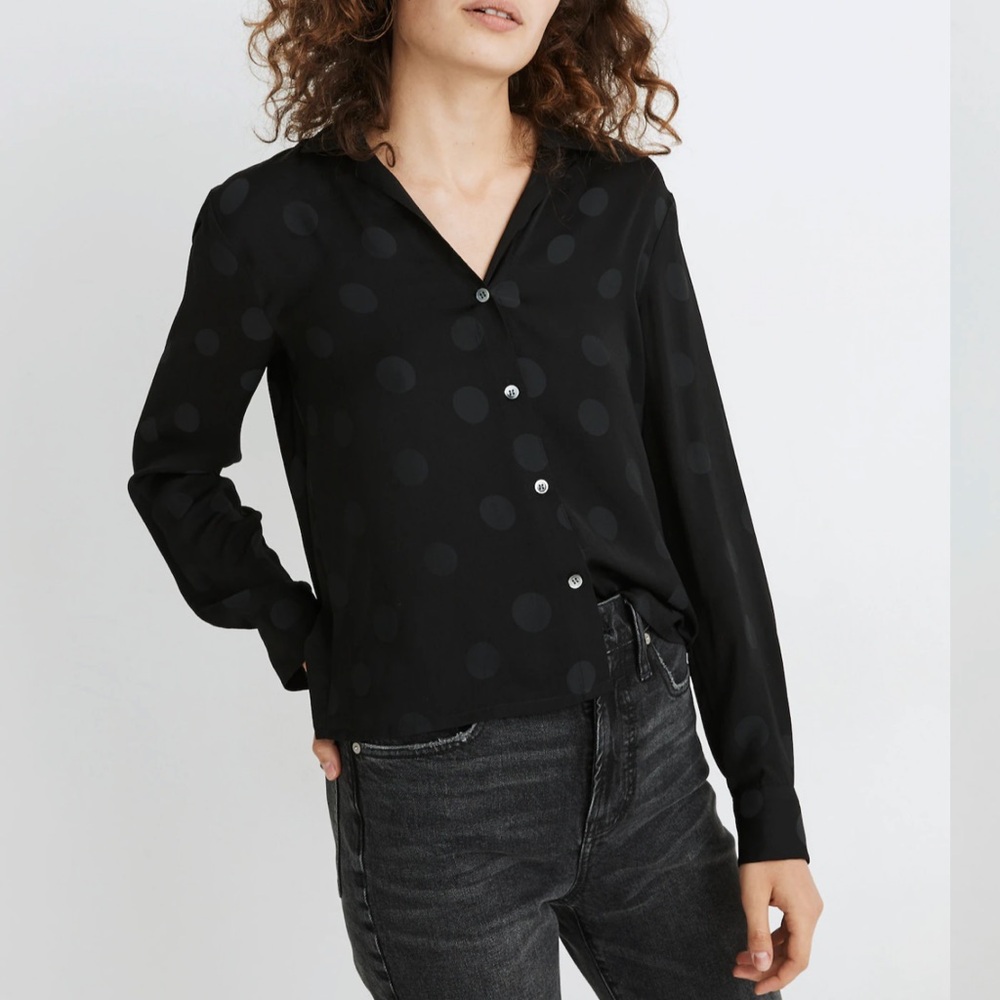 Madewell Jacquard Dot Button Down Pajama Top Long Sleeve Shirt Black